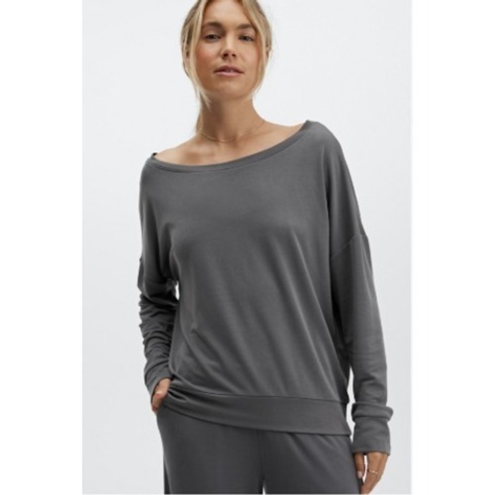 Fabletics Top Womens XL Sleek Boat Neck Pullover Gray Athleisure Casual